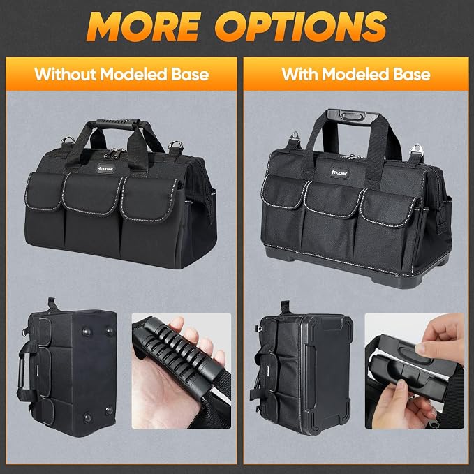 TICONN Heavy Duty Tool Bag with Multi-Pockets, Portable Tool Box Organizer Storage Bag, with Adjustable Shoulder Strap and Ergonomic Handle (Black, 16" Standard Base)
