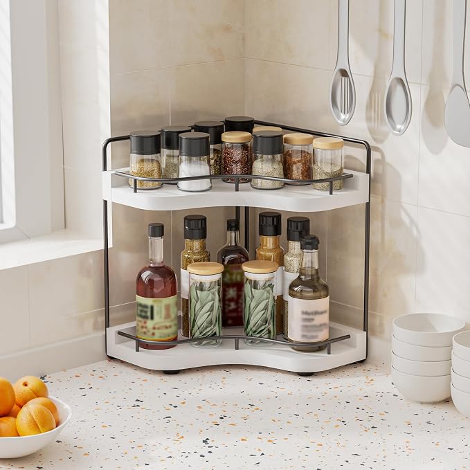 2-Tier Corner Bathroom Counter Organizer with Embedded Screw Holes, Secure & Stable Wood Vanity Shelf for Makeup and Skincare Essentials - Space Saving Bathroom Countertop Storage, White