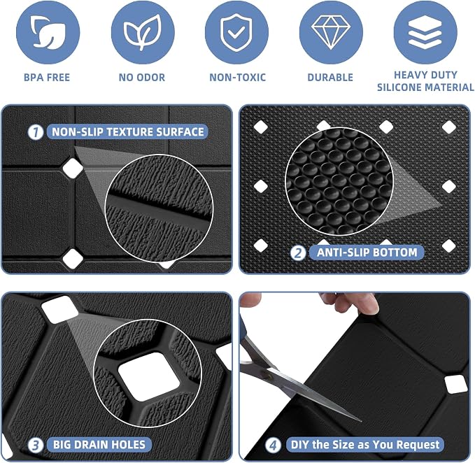 Bathtub Mat Non Slip Silicone Soft Odorless Bath Mat No Suction Cups for Refinished,Textured and Reglazed Tub Shower Mats Non-Slip 18 X 28Inch Black