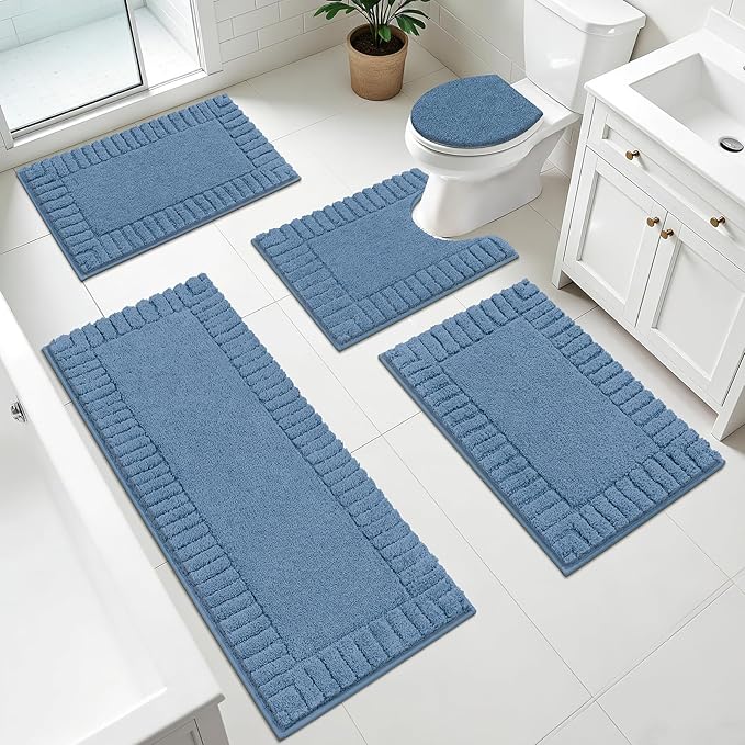 Pauwer Bathroom Rugs Set 5 Piece Non Slip Washable Bath Mat Set with U Shaped Contour Toilet Rugs Plush Absorbent Microfiber Shower Mat and Toilet Lid Cover for Bathroom, Blue