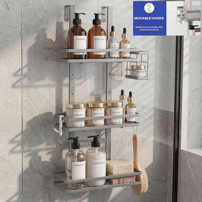 Over the Door Shower Caddy Hanging, Rustproof Shower Shelves with Waterproof Phone Pouch, Adjustable Bathroom Organizers and Storage, No Drilling Shampoo Soap Shelf (Silver 3-Tier)