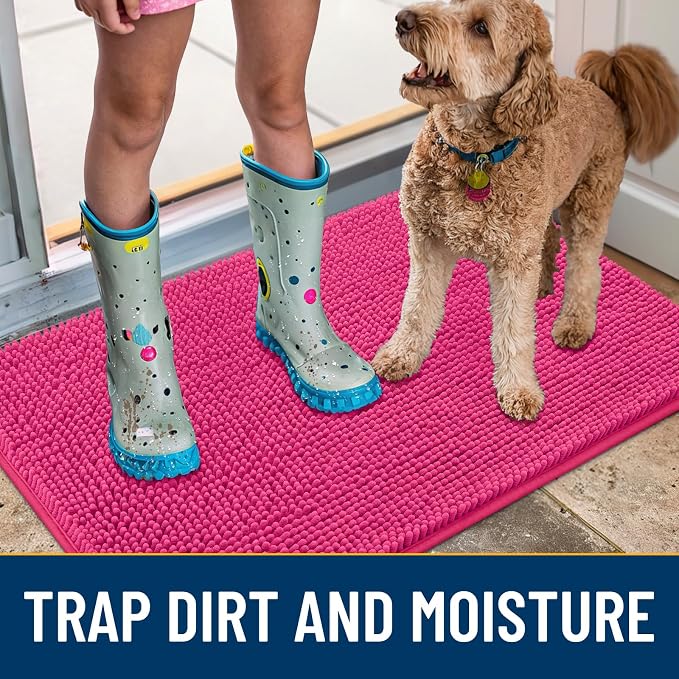 Smiry Dog Door Mat for Muddy Paws 47x24, Absorbent Dirt Trapper, Non-Slip Washable Chenille Entryway Rug for Inside Floor, Hot Pink, Classic Solid