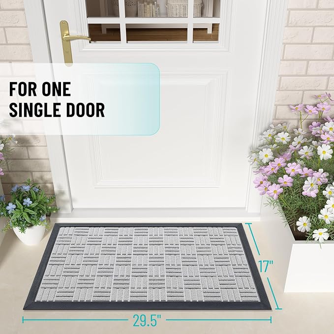 OLANLY Front Door Mat Outside Entrance 29.5x17, Absorbent, Heavy Duty Sturdy Natural Rubber Doormat Indoor Outdoor, Non-Slip, Stain and Fade Resistant, Low Profile Floor Mat for Entryway, Light Gray