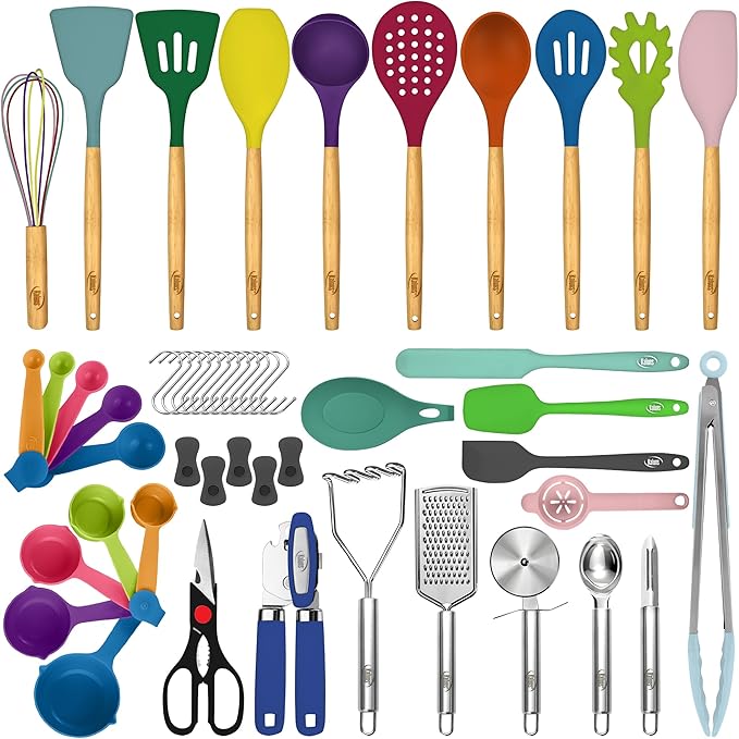 Kaluns 50 PCS Silicone Kitchen Utensils Set Complete Kitchen Set - 800°F Heat Resistant Non-Stick Premium Silicone Cooking Utensils W Wooden Handles - Can Opener, Masher, Turner, Silicone Spatula Set