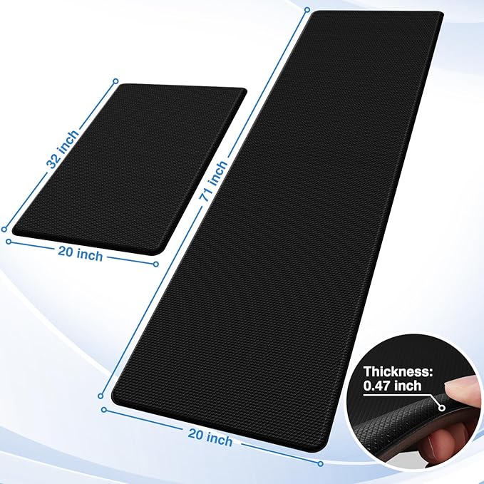 StepRite Kitchen Mats, 2PCS Kitchen Rugs, Cushioned Anti Fatigue Kitchen Mats for Floor, Non-Slip Standing Desk Mat, Waterproof Kitchen Rug Set for Kitchen, 20" x 32"+20" x 71"-0.47 inch Thick, Black