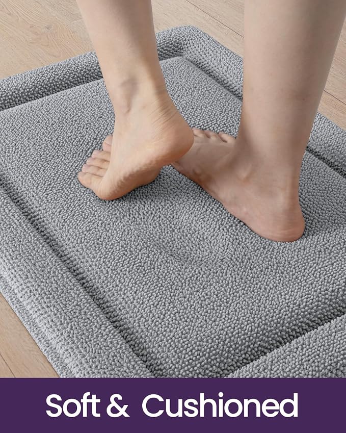 DEXI Memory Foam Bath Mat 32x20, Soft Absorbent Chenille Bathroom Rug, Non Slip Quick Dry Bath Mats for Bathroom, Thick Plush Floor Carpet for Tub Shower, Sink, Light Grey