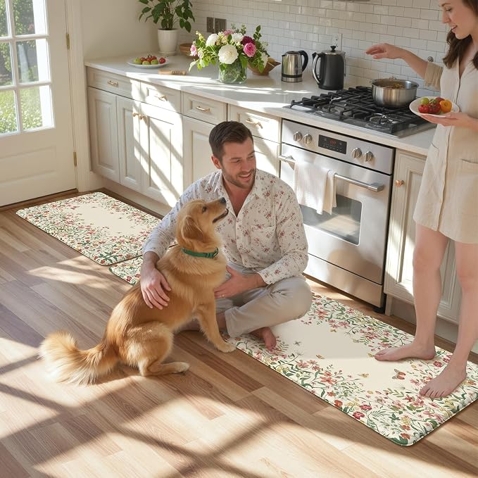 KIMODE Anti Fatigue Kitchen Mats for Floor 2 Piece, Beige Farmhouse Kitchen Rugs Sets of 2, Non Slip Waterproof Kitchen Floor Mats, Standing Mats for Laundry Office Sink Desk 20"x59"+20"x32"