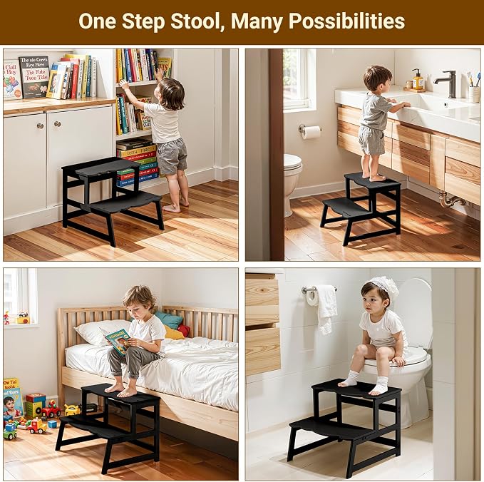 COSYLAND Toddler Step Stool with Armrest – Wooden Helper for Bathroom Sink, Potty, Kitchen, Bedroom – 300 lbs Load Capacity Ladder with Removable Anti-Fall Side Frame – Black