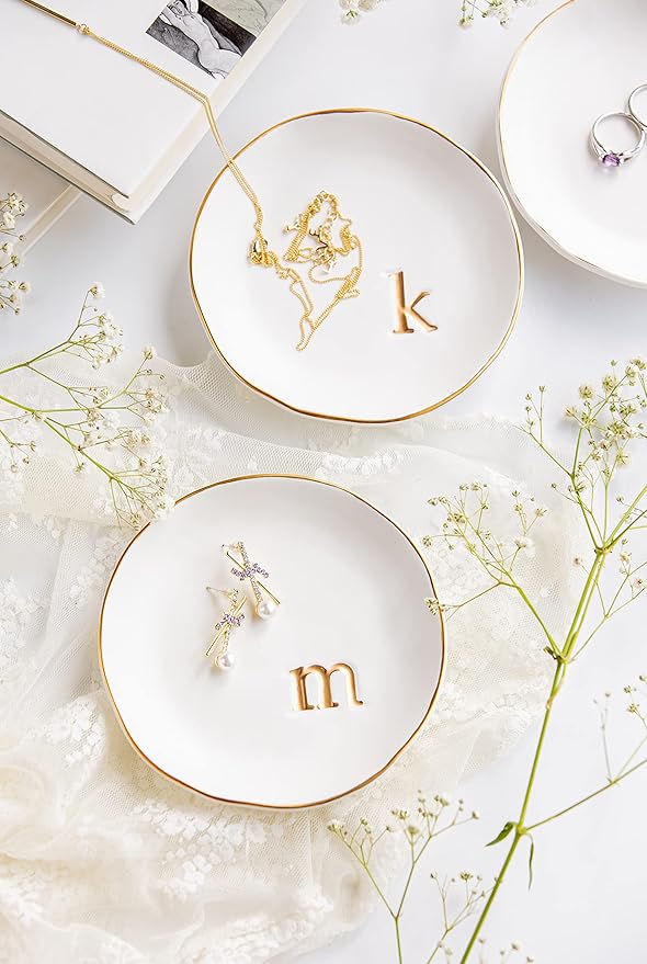 COLLECTIVE HOME - Ceramic Jewelry Tray, Decorative Trinket Dish for Rings Earrings Necklaces Bracelet Watch Keys, Birthday Mother's Day Christmas Gift for Women, 4.75", White Surface (E)