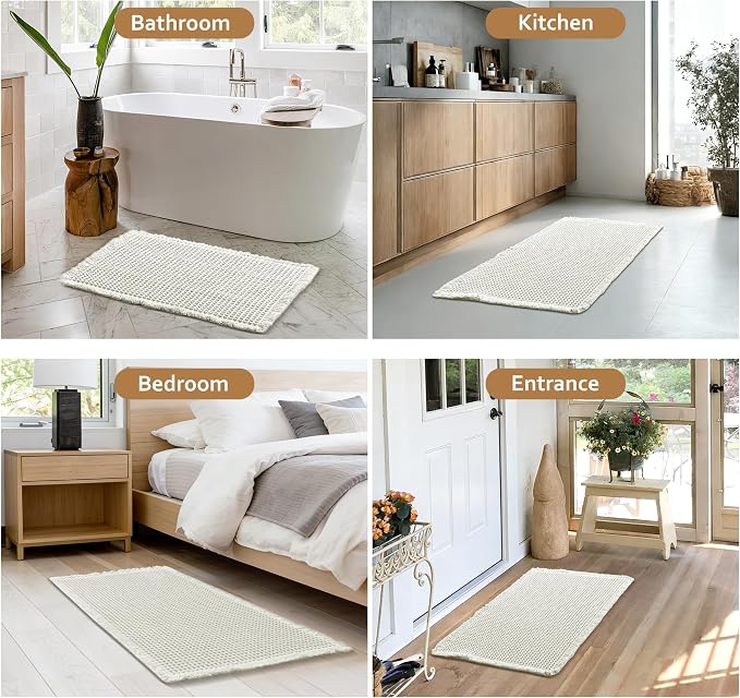 JIUZHEN Set of 2 Waffle Bath Mats Super Absorbent Bath Mat Non Slip Bathroom Rugs for Bathroom Floor Dry Fast Washable Boho Rugs for Beside Tub, 16" x 24" +20" x 32", Cream