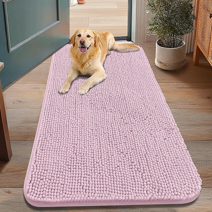 Smiry Dog Door Mat for Muddy Paws 48x30, Absorbent Dirt Trapper, Non-Slip Washable Chenille Entryway Rug for Inside Floor, Dusty Rose, Classic Solid