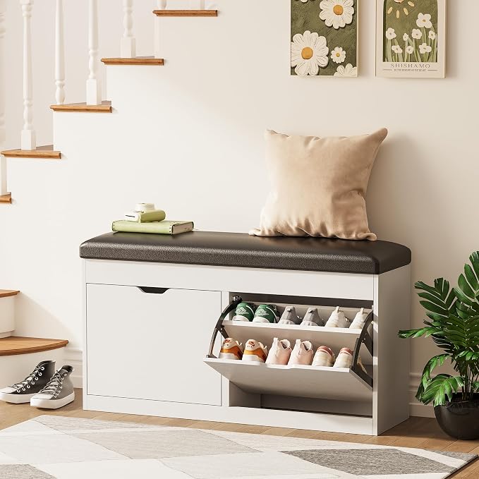 40" Shoe Storage Bench with 2 Flip Drawers & Padded Seat Cushion, Shoe Cabinet with Lift Top Storage Box, Shoe Bench Shoe Organizer for Entryway, Hallway, Living Room, White