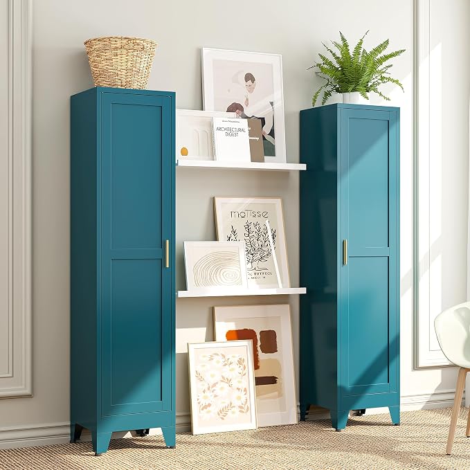 Tall Narrow Kitchen Pantry Cabinet for Small Space, 67" Metal Slim Pantry with Single Door and 4 Adjustable Shelves, Freestanding Skinny Storage Metal Broom Closet for Bathroom, Living Room, Laundry