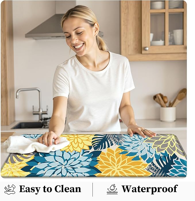 Arenarug Kitchen Mats for Floor 2PCS Cushioned Anti Fatigue Kitchen Mats Waterproof Non Slip Kitchen Rug Set Foam Standing Mat for Sink, Laundry, Office, 17.3" x 28" + 17.3" x 59", Yellow Teal