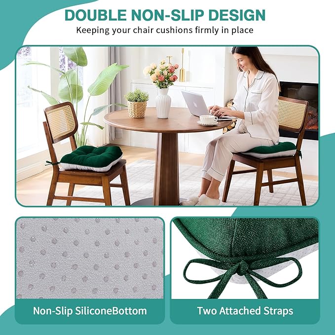 BETU Chair Cushions for Dining Chairs Set of 6,3.5" Thick Kitchen Table Chair Pads with Ties,Non Slip Backing and Covers, Seat Cushion for Dining Room,Bar,Patio Chairs,15.5"X15.5"X3.5",Dark Green
