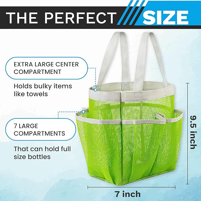 Handy Laundry Mesh Shower Caddy – 7 Pocket Portable Shower Caddy for Dorm, Gym, Travel & Bathroom – Quick-Dry Collapsible Organizer Tote Bag for College Essentials, Toiletries & Small Items (Green)
