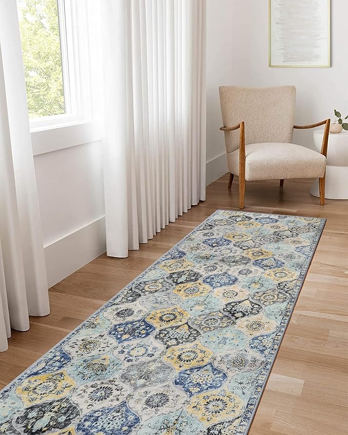 Lahome Moroccan Washable Hallway Runner Rug, 2'5''x8' Ultra-Thin Carpet Runners for Hallways Kitchen, Oriental Non-Slip Laundry Room Rug for Entryway Bedroom Bathroom Elise, Yellow/Aqua