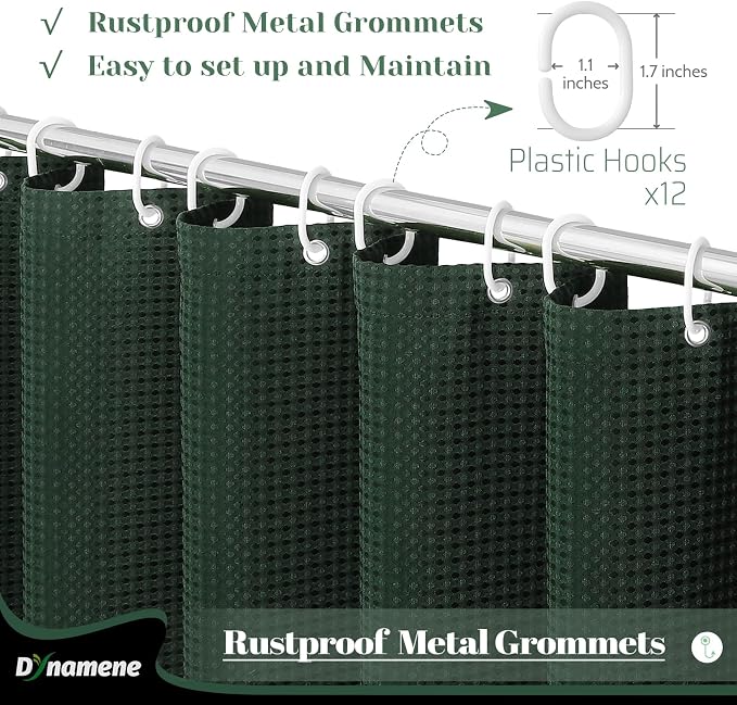 Dynamene Long Fabric Shower Curtain - 78 inch Long Waffle Weave Weighted Cloth Shower Curtains for Bathroom, Neutral Heavy Duty Hotel Spa Luxury Bath Curtain Set with 12 Hooks, 72x78, Dark Green