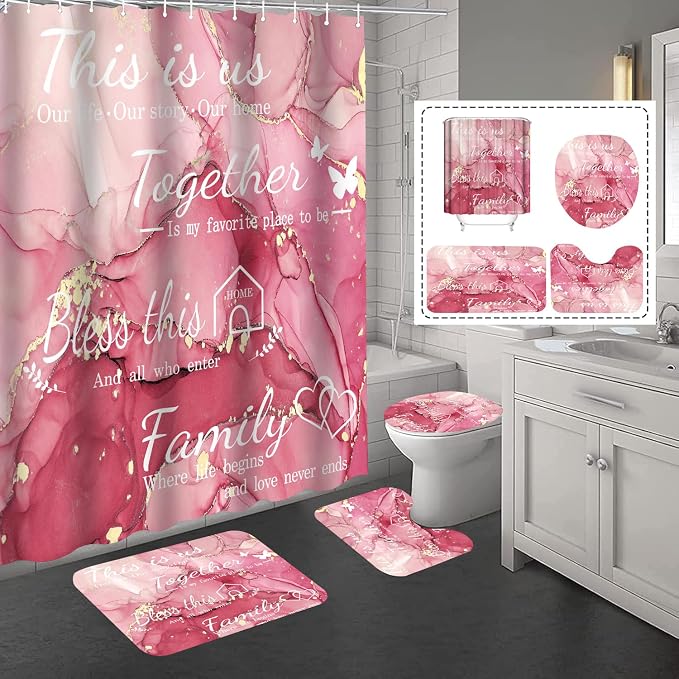 4Pcs Family Marble Shower Curtain Set,Light Pink Home Inspirational Bathroom Sets with Shower Curtain and Rugs, Bathroom Decor Set,Waterproof Bathroom Curtains Shower Set,with 12 Pcs Hooks