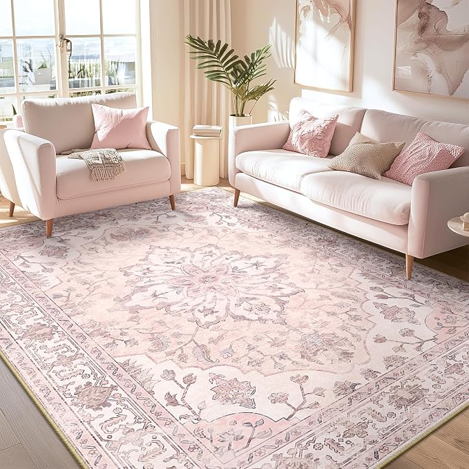 RELEANY Area Rugs 8'x10' Washable Non-Slip, Floral Vintage Distress Medallion Carpet for Living Room Bedroom Dining Room, Pink Greypink Cute