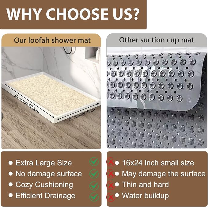 Shower Mat Non Slip: 39.4 x 27.5 Inch Extra Large Shower Mats for Inside Shower with Drain Hole - Soft PVC Loofah Anti Slip Shower Stall Mat for Walk-in Shower and Bathroom, Quick Drying