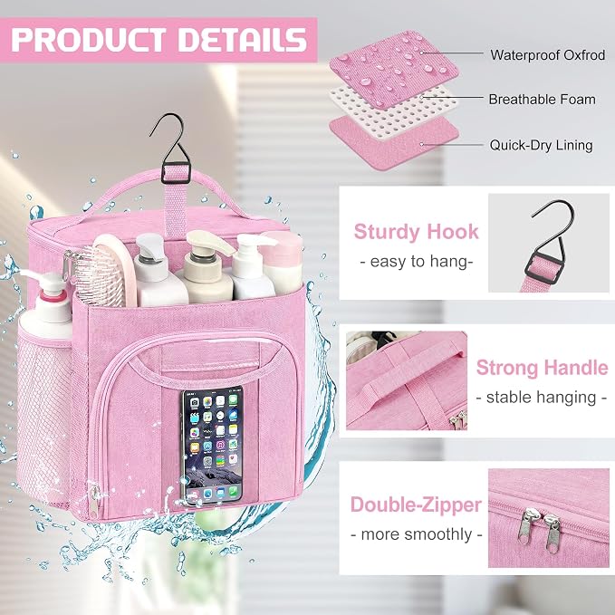Attmu Shower Caddy Portable, Hanging Shower Bag for Dorm Room College, Large Capacity Quick Dry Mesh Tote Bag for Travel Camping Essentials (Light Pink)