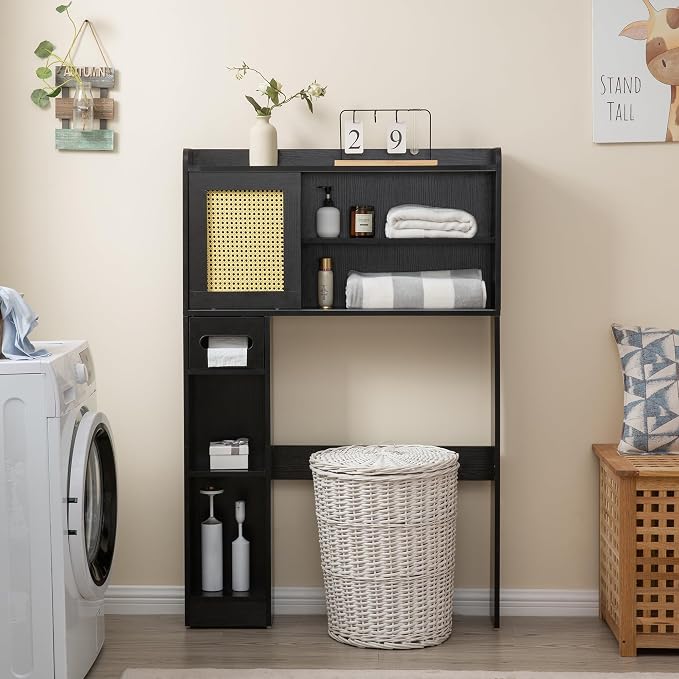 SUNTAGE 6Tier Over The Toilet Storage Cabinet, Freestanding Above Toilet Space Saver Rack w/Adjustable Shelves, Sliding Door, Multifunctional Over Toilet Organizer for Bathroom (Black)