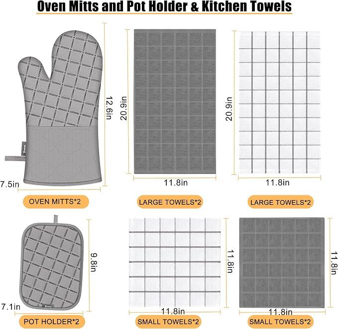 Oven Mitts Kitchen Towels and Dishcloths Pot Holders Sets, Oven Gloves Kitchen Dish Towels 500 Degree Heat Resistant Potholders with Non-Slip Silicone Surface for Cooking, Grilling, Baking-Gray