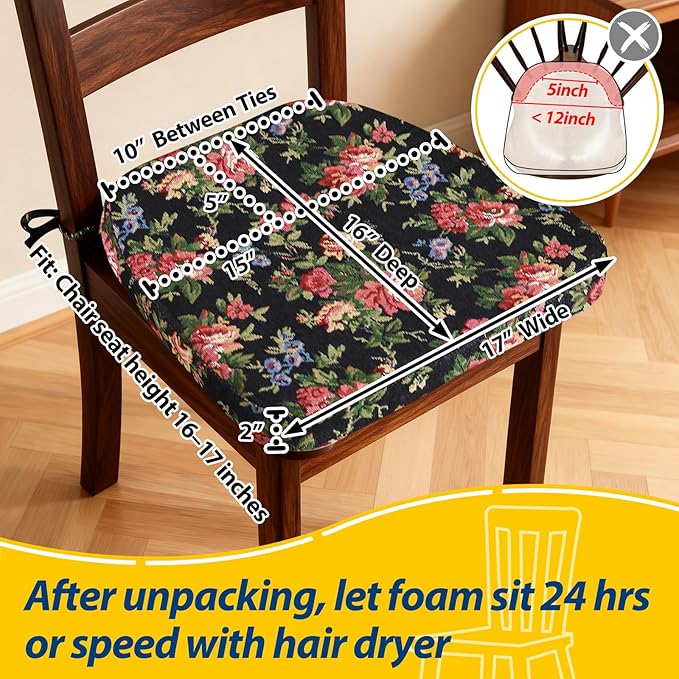 AAAAAcessories D-Shaped Chair Cushions, 2" Thick Dining Chair Pads with Ties and Removable, Machine-Washable Cover, 17" x 16", Set of 2, Night-Blooming Blossoms