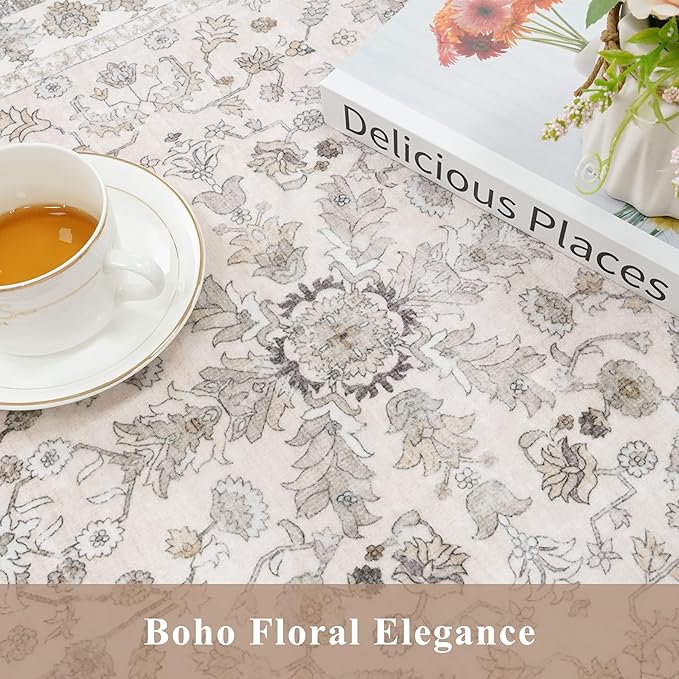 2x10 ft Hallway Runner Rug Washable – Boho Floral Non Slip Long Carpet Runner for Kitchen Entryway Bedroom Living Room, Soft Low-Pile Thin Floor Area Rug (Beige, 2x10)