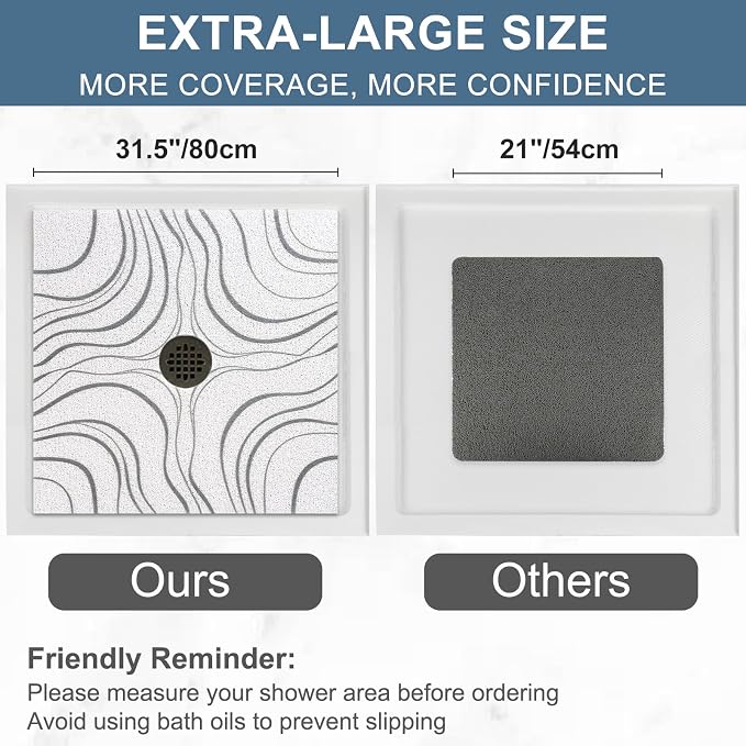 Square Shower Mat Non Slip: 32x32 Inch Extra Large Shower Mats for Inside Shower, Non Slip Shower Mat with Drain Hole in Middle- Anti Slip Shower Floor Mat, Loofah Shower Stall Mats for Elderly