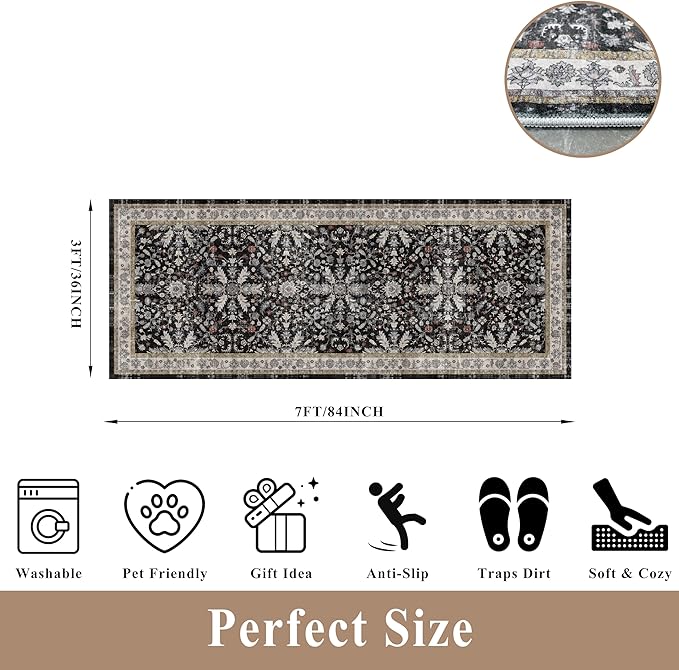 3x7 Washable Non-Slip Kitchen Runner Rug – Soft Low-Pile Stain-Resistant Carpet for Hallway Entryway Bedroom Laundry Room Bathroom – Boho Floral Wide Floor Runner with Rubber Backing (Black,3x7)