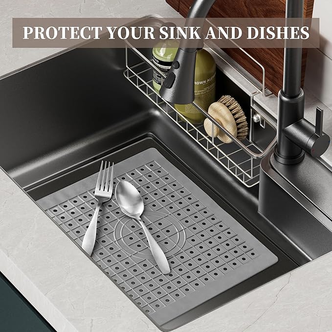 WILLKOMMEN Kitchen Sink Mat, 12" x 10" Rectangular Sink Protector Pad, Fast-Draining Grid Design Liner, Dish Drying Mat 2 Pack Grey