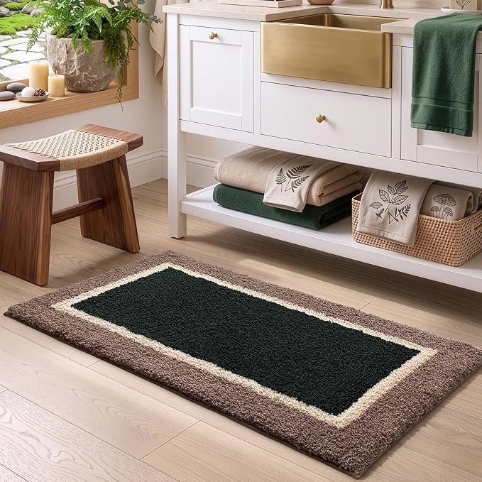 DEXI Bathroom Rugs 36x24, Absorbent Extra Soft Plush Microfiber Bath Mat for Bathroom, Non Slip Washable Bathmat Quick Dry for Shower Floor, Sink, Tub, Laundry Room, Brown and Green