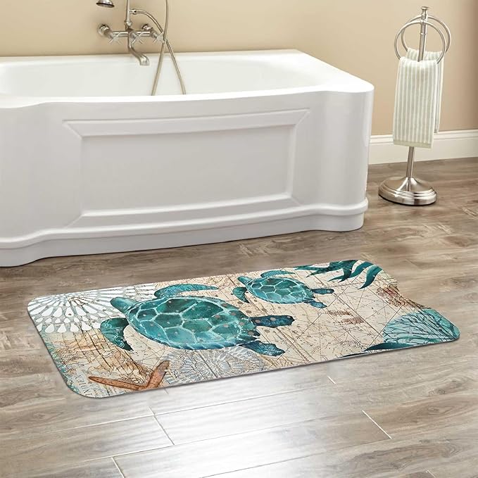 Sea Turtle Bathtub Mat Non Slip, Baby Bath Mat for Tub Rubber Tub Mat, Cute Kids Bath Mats for Bathroom Ocean Beach Anti Slip Shower Mat with Suction and Drain Holes Machine Washable, 40″X16″