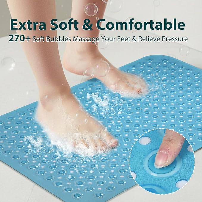 Large Shower Mat 21.5x33.5 Inch Clear Blue, Soft Non Slip Shower Mats for Inside Shower with Big Suction Cups Drain Holes, Extra Large Bath Bathtub Mat Floor Stall Mats, BPA-Free, Easy Clean