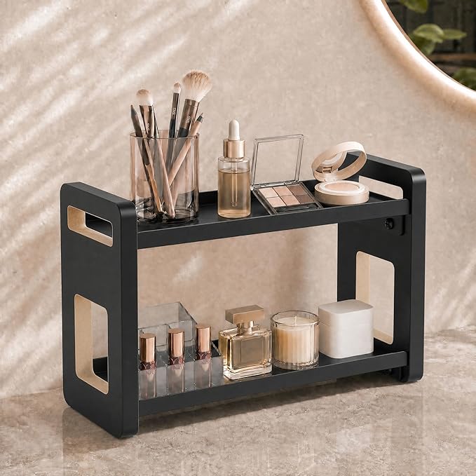 Narrow Solid Wood Bathroom Counter Organizer, Space-Saving Bathroom Storage Rack for Vanity, Multi-Purpose Kitchen Spice Rack & Bedroom Makeup Organizer (Black, 2 Tier)