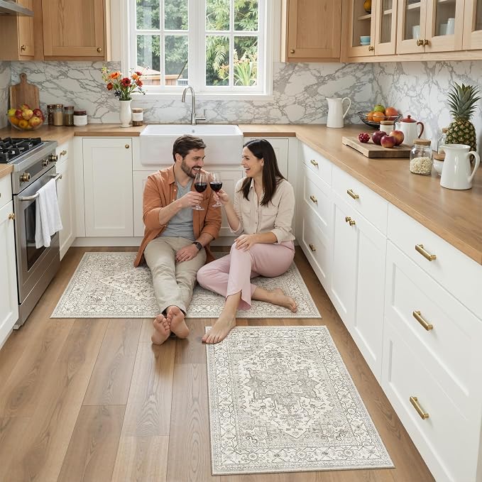 Madane 2-Piece Kitchen Runner Rug Set, Small Area Rug Non-Slip Vintage Door Mat Indoor Entrance, Low Pile Floor Carpet for Inside Front Door Bedroom Entryway Entry Laundry (2x3+2x4, Beige/Brown)