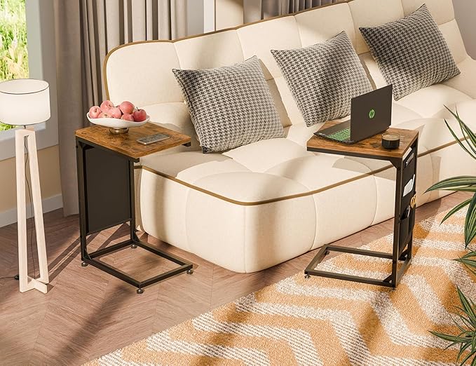 Simple Trending C Shaped End Table, Side Table TV Trays Set of 2 with Fabric Storage Bag, Couch Sofa Table for Living Room, Rustic Brown