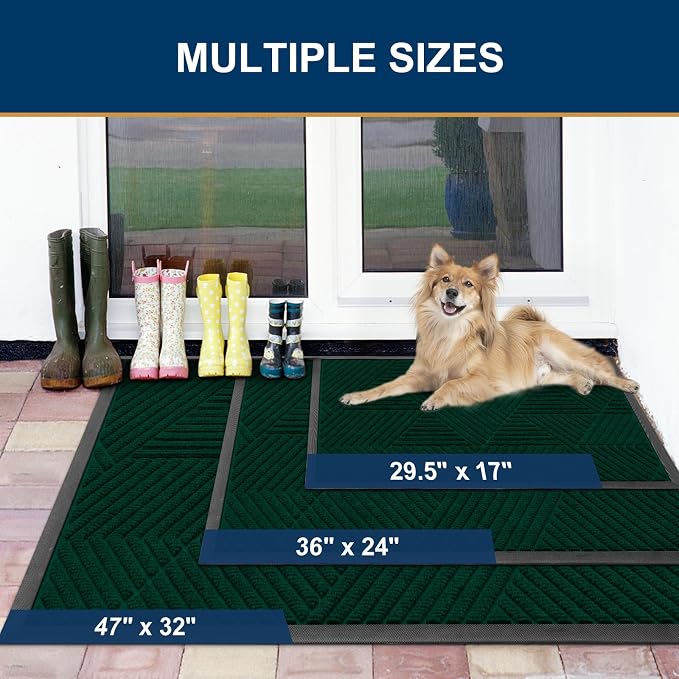Smiry Front Door Mat Outside Entrance, Heavy Duty Sturdy Natural Rubber Doormat, Trap Dirt and Moisture, Easy Clean Low Profile Welcome Floor Mats for Indoor Outdoor Entry, 35X23 Inch, Deep Green