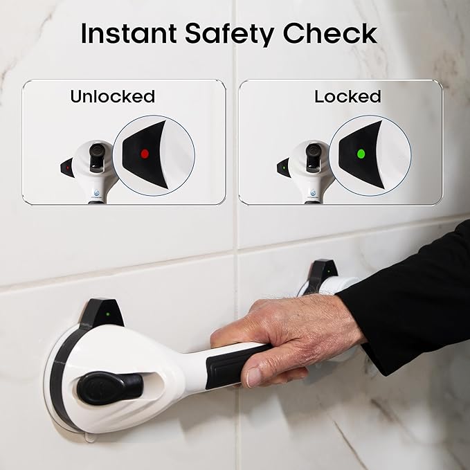 Suction Grab Bars for Shower 2-Pack, Extra-Strong Suction Cup Bathroom Grab Bar Handle w/Green Safety Indicator, No-Drill Removable Shower Handle for Seniors, Elderly & Handicap