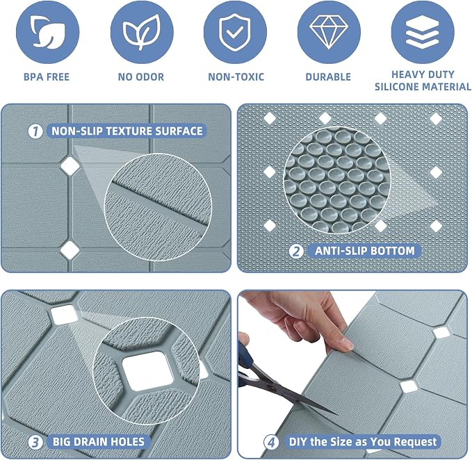 Bathtub Mat Non Slip Silicone Soft Odorless Bath Mat No Suction Cups for Refinished,Textured and Reglazed Tub Shower Mats Non-Slip 18 X 28Inch Grey