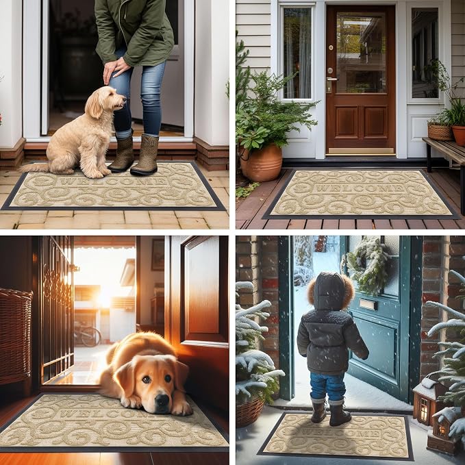 Smiry Welcome Door Mat Outside Entrance, Heavy Duty Trap Dirt and Moisture Easy Clean Low Profile Patio Porch Indoor Outdoor Front Doormat for Entry, 29.5x17 Inch, Beige