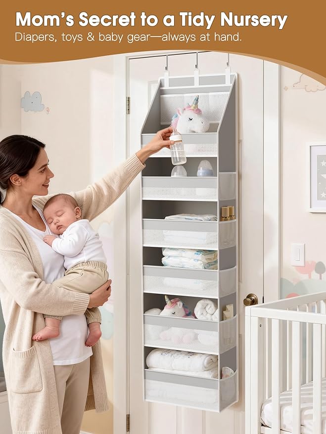 Criusia Over The Door Organizer, Heavy-Duty 6-Shelf Hanging Storage with 13 Mesh Pockets, 55lbs Capacity Behind The Door Storage for Nursery, Bathroom, Bedroom, and Dorm, Grey