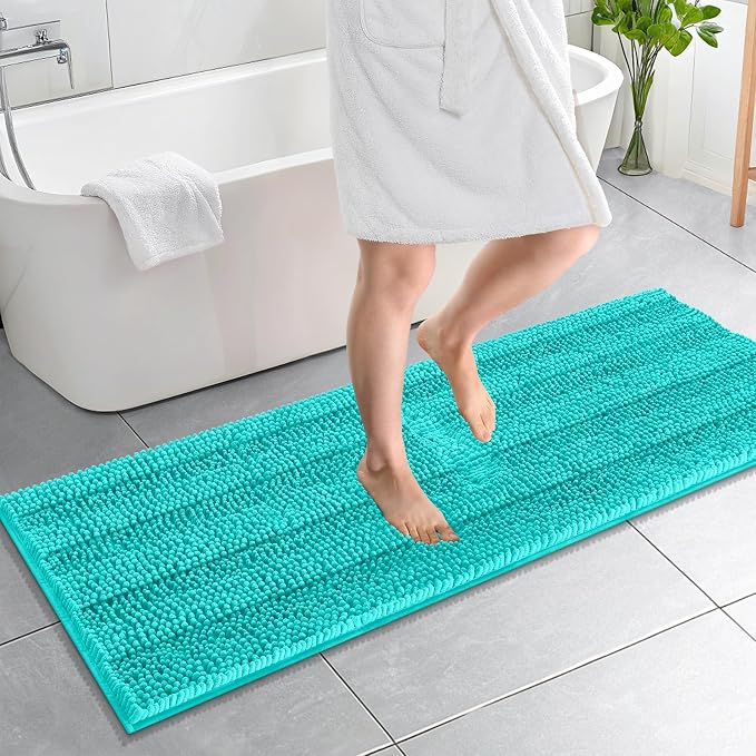 OLANLY Thick Bathroom Runner Rugs 59x20, Absorbent Chenille Striped Bath Rugs, Rubber Backing, Machine Wash Dry, Extra Long Bath Mats for Bathroom Floor, Tub and Shower, Home Decor Accessories, Teal