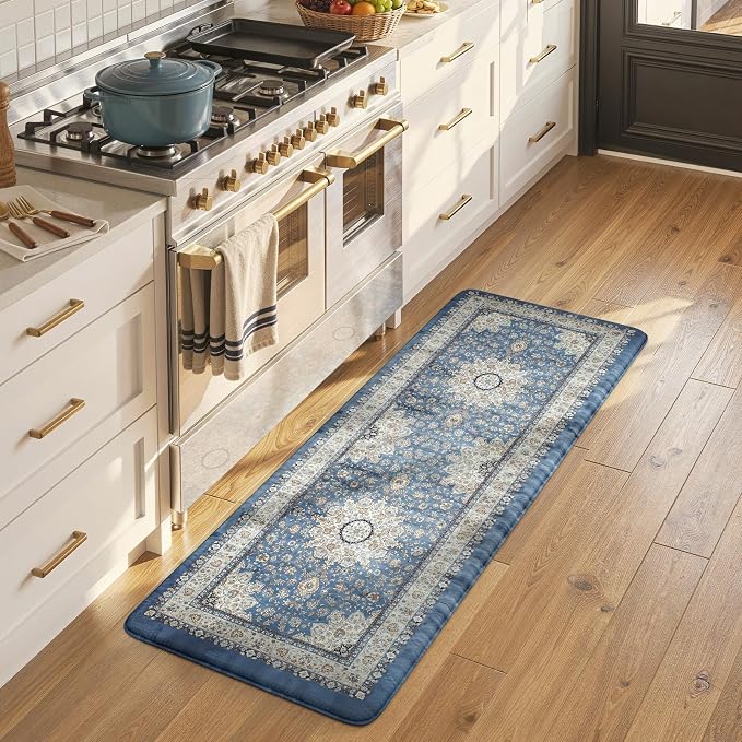 Collive Cushioned Kitchen Floor Mats, Anti Fatigue Kitchen Mats for Floor Non Slip Waterproof Sink Rugs, Comfortable Standing Desk Mat for Office, Laundry Room, 17"x47"-Blue