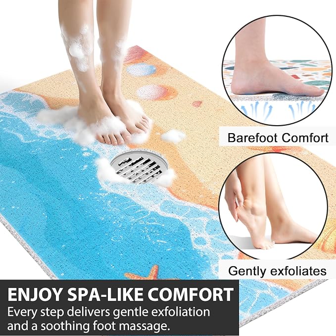 Non Slip Shower Mat: 32x24 Inch Extra Large Shower Mats for Inside Shower with Drain Hole in Middle - Soft PVC Loofah Anti Slip Shower Floor Mat for Standing and Walk-in Shower, Quick Drying