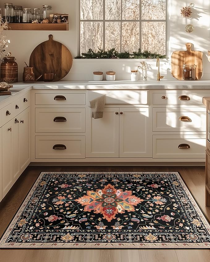 RELEANY Area Rugs 3'x4' Washable Non-Slip, Floral Vintage Distress Medallion Carpet for Living Room Bedroom Dining Room, Black Colorful Floral Dark Tan