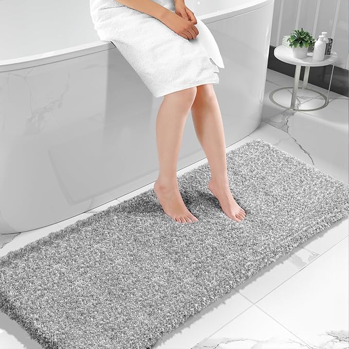 Yimobra Bathroom Runner Rug Non Slip 70" X 24", Super Absorbent Bath Rugs, Quick Dry, Luxury Extra Long Shaggy Fluffy Bath Mat for Double Vanity & Tub Side, Machine Washable, Light Gray and White
