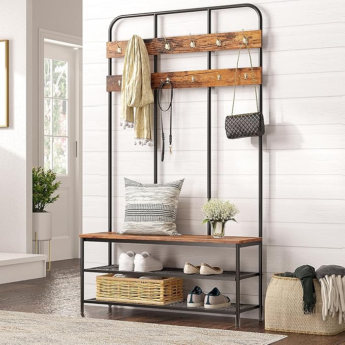 HOOBRO Hall Tree with Bench, Entryway Bench with Coat Rack, Mud Room Rack with 12 Double Hooks and Shoe Storage, Coat Tree, Shoe Rack Organizer, for Foyer, Front Door, Rustic Brown BF05MT01